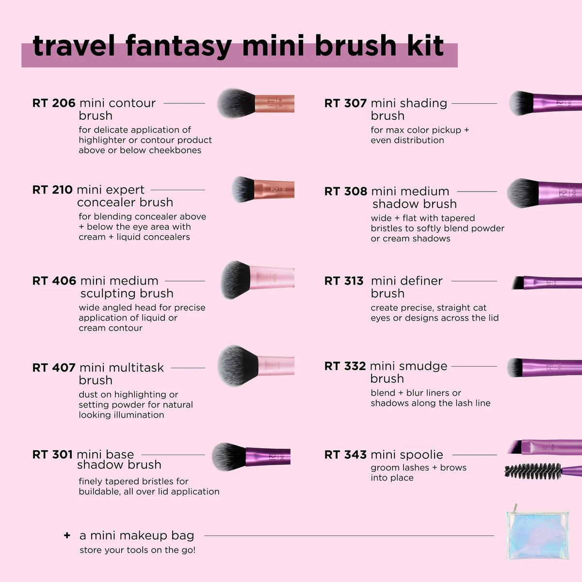 Real Techniques Travel Fantasy Mini Brush Set with Free Makeup Bag
